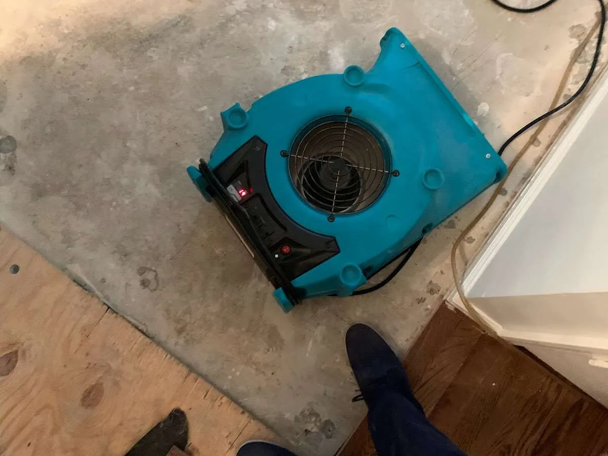 Air mover drying subfloor during Leak Detection & Repair in Freehold